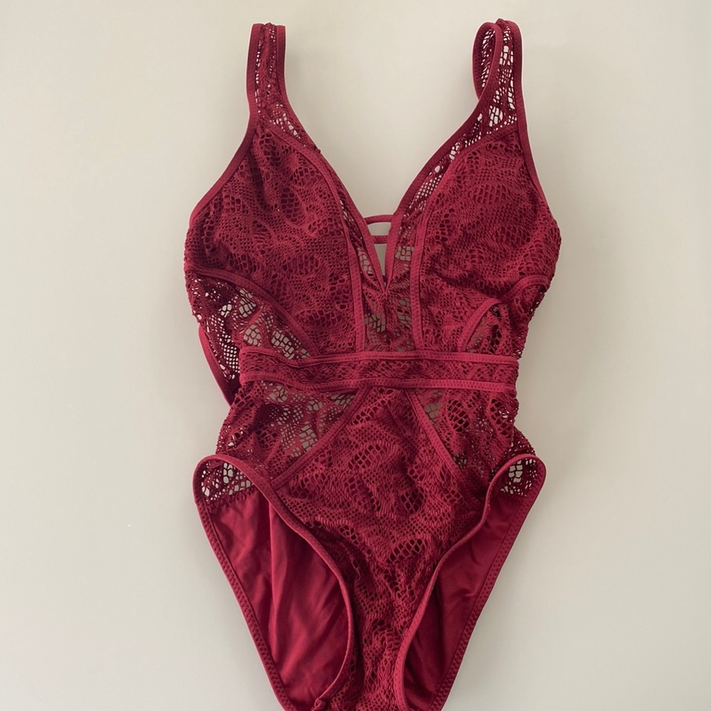 Becca Maroon Lace Cutout Bathing Suit size Small